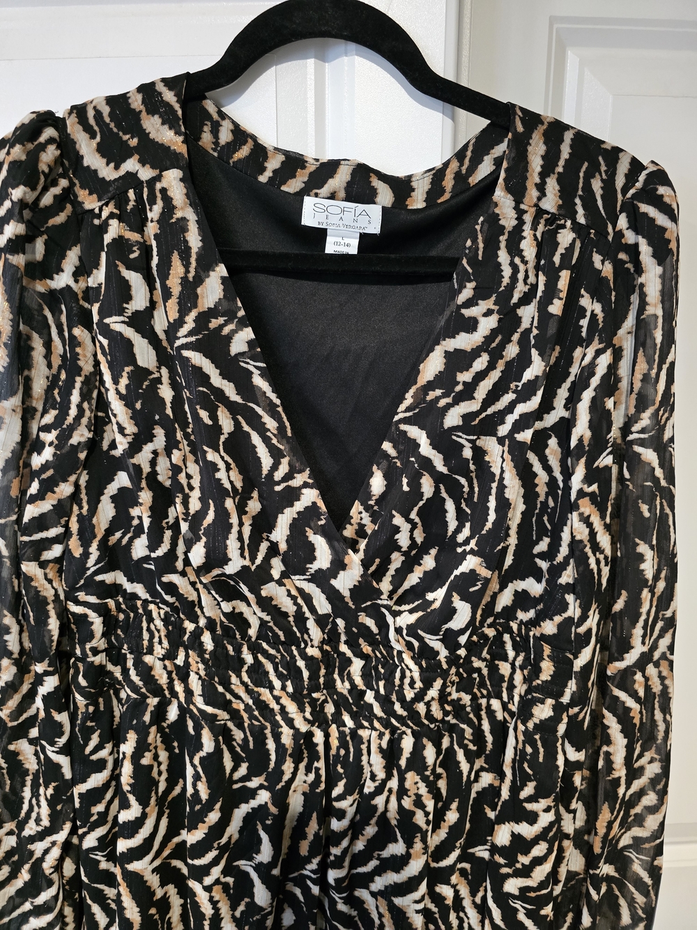 SOFIA by Sofia Vergara Black and Tan Animal Print Wrap Dress